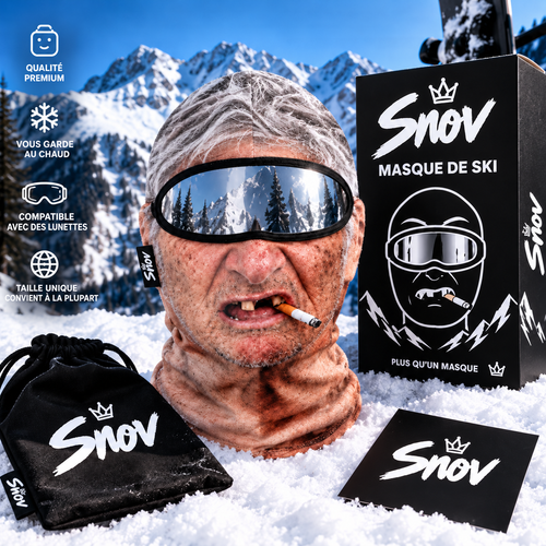 Cagoule de ski Snov à visage réaliste avec sa boîte et sa pochette, dans la neige